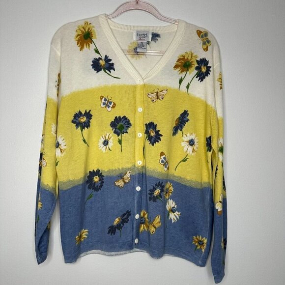 Teddi Floral Cardigan Sweater Petite Size L Daisies Cotton Ramie Boho - Picture 1 of 10